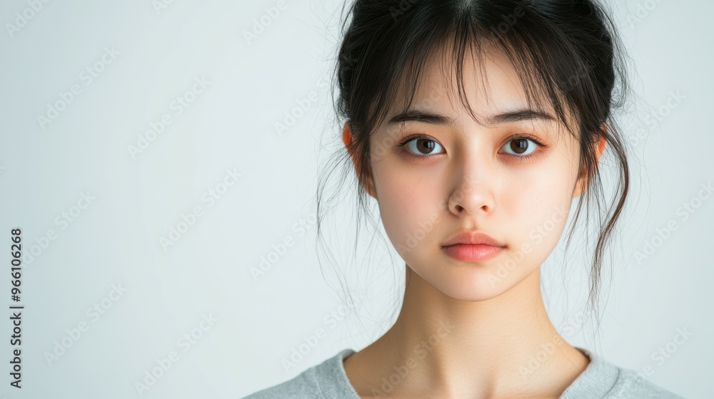 Portrait of Determined Asian Student with Intense Focus on White Background Portrait of Determined Asian Student with Intense Focus on White Background