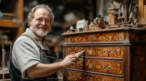 Talented furniture restorer expertly refinishing and reviving an antique dresser, their woodworking artistry and attention to detail shining through