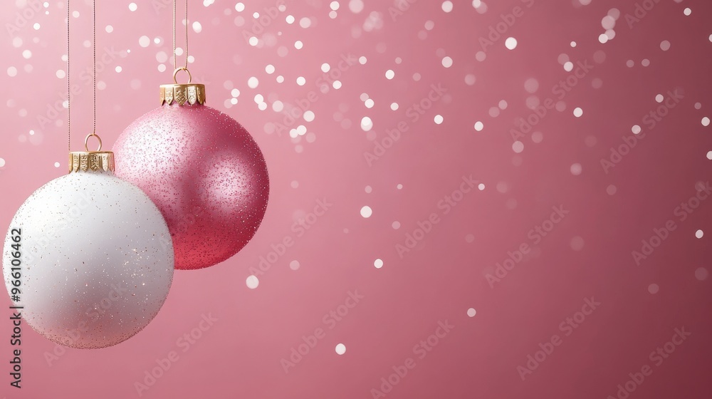 Stylish Pink and White Christmas Ornaments Sparkle on a Glittery Background Stylish Pink and White Christmas Ornaments Sparkle on a Glittery Background