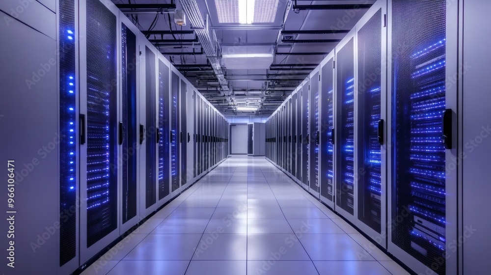 Row of server racks in a data center with blue lights. Row of server racks in a data center with blue lights.