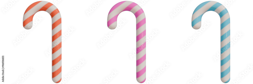 set of 3d christmas icons, three colorful candy canes with vibrant stripes, showcasing light red, light pink, light cyan against an isorated background