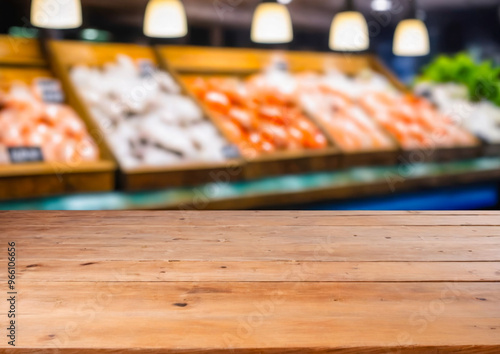 Wooden Tabletop with Blurred Supermarket Background.