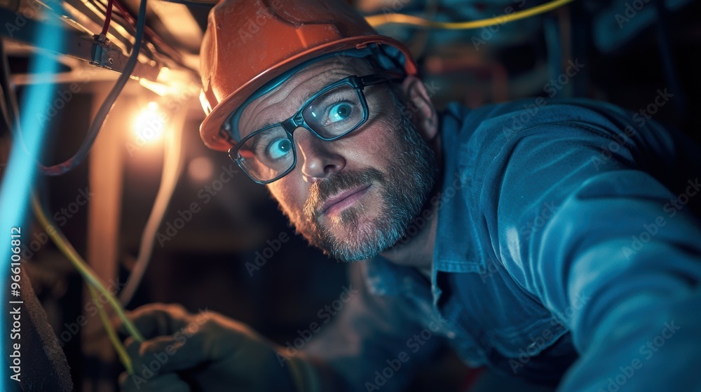 Diligent electrician skillfully running new wiring through a tight crawl space, their problem-solving abilities highlighted Diligent electrician skillfully running new wiring through a tight crawl space, their problem-solving abilities highlighted