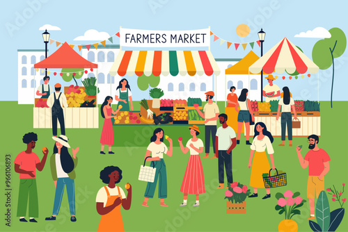 Farmers market, Bazaar, Vendors offer organic farmer production and vegetables, Local farm vegetables, Eco marketplace, Bazaar domestic produce, Flat vector illustration