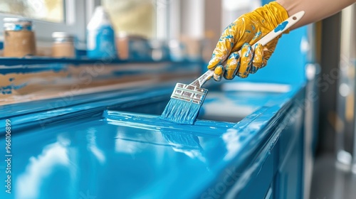 Experienced painter steadily applying a vibrant new color to kitchen cabinets, their steady hand and keen eye for detail on display photo