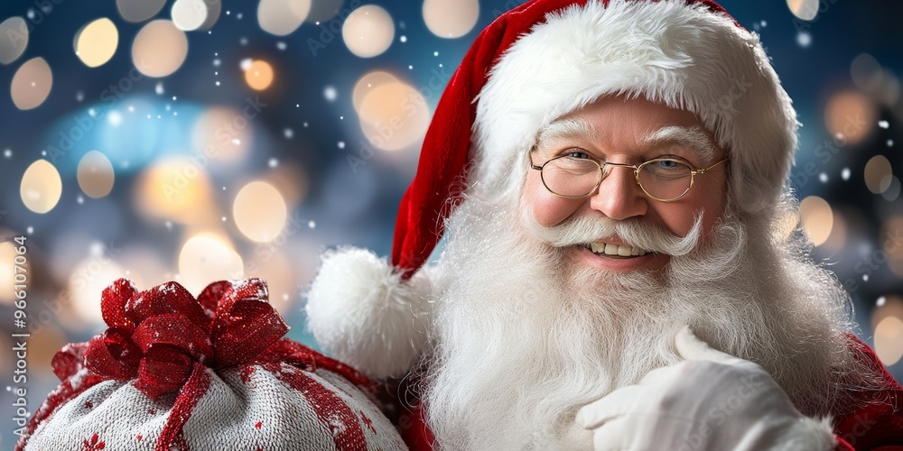 A Joyful Santa Claus Smiles With a Festive Gift Bag During a Snowy Christmas Night A Joyful Santa Claus Smiles With a Festive Gift Bag During a Snowy Christmas Night