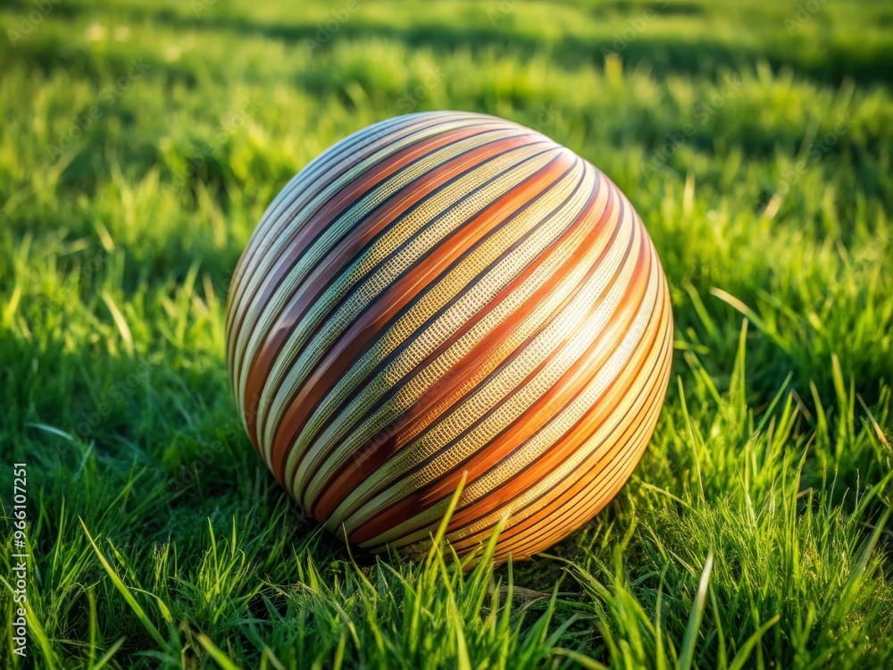 Fototapeta premium A colorful striped ball resting on lush green grass, perfect for outdoor play and summer fun.