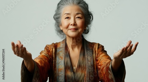 Medium shot of a compassionate Asian caregiver, their hands outstretched with nurturing empathy, expression radiating warmth and tenderness, isolated on a white background photo