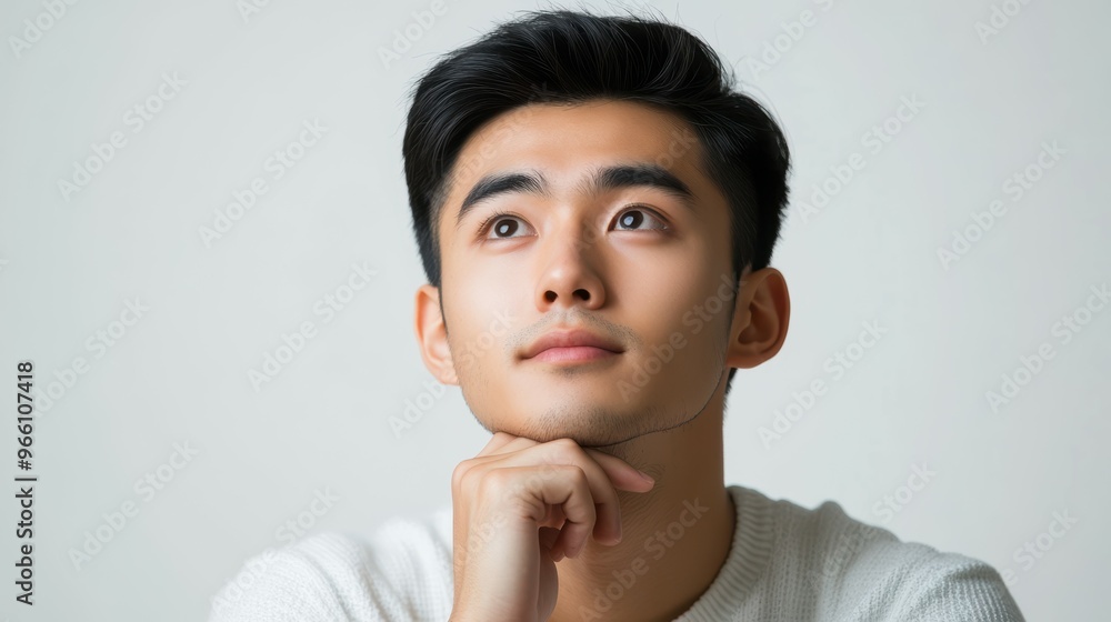 Medium shot of a thoughtful Asian inventor, their fingers stroking their chin with contemplation, brow furrowed with creative problem-solving, isolated on a white background Medium shot of a thoughtful Asian inventor, their fingers stroking their chin with contemplation, brow furrowed with creative problem-solving, isolated on a white background