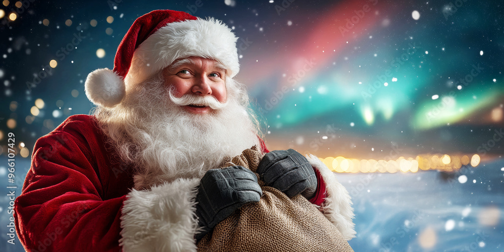 A Cheerful Santa Claus With a Bag of Gifts Against a Magical Aurora Backdrop A Cheerful Santa Claus With a Bag of Gifts Against a Magical Aurora Backdrop