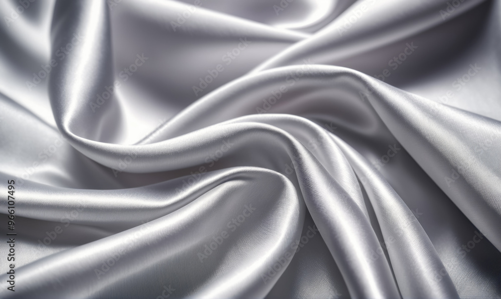Fototapeta premium Silver satin fabric drapes and folds in soft, elegant waves