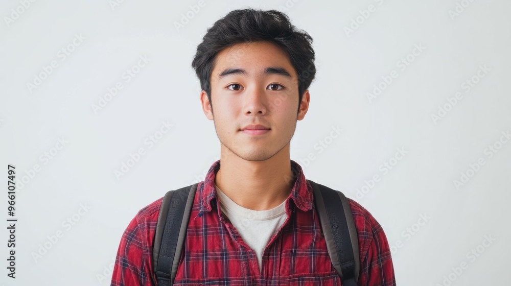 Medium shot of a determined Asian student, their brow furrowed with intense focus, expression radiating scholarly dedication, isolated on a white background Medium shot of a determined Asian student, their brow furrowed with intense focus, expression radiating scholarly dedication, isolated on a white background