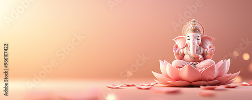 A serene pink lotus with a peaceful deity figure, symbolizing spirituality and harmony in a tranquil setting. photo