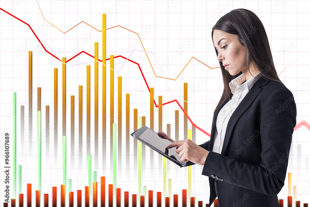 Businesswoman in formal attire using a tablet with colorful financial graphs and charts in the background, symbolizing data analysis, finance, and business growth Businesswoman in formal attire using a tablet with colorful financial graphs and charts in the background, symbolizing data analysis, finance, and business growth
