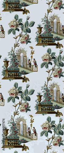 Vintage wallpaper pattern featuring birds, pink roses, and ornate urns on balustrades, evoking a classic garden scene.