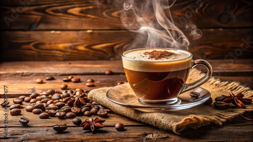 A steaming cup of coffee served in a glass on a wooden table, surrounded by roasted coffee beans, evoking warmth and comfort.