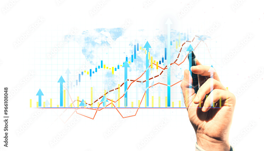 Hand drawing a financial chart with upward arrows, bar graphs, and a world map on a white background. Concept of financial growth and analysis Hand drawing a financial chart with upward arrows, bar graphs, and a world map on a white background. Concept of financial growth and analysis