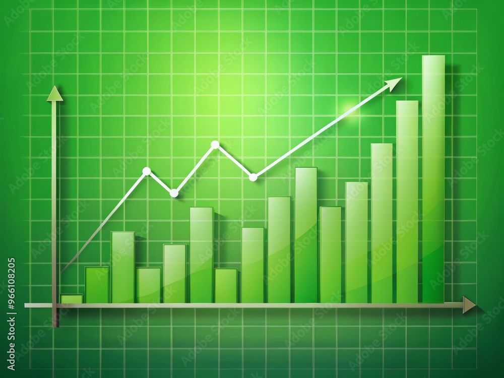 Fototapeta premium A vibrant green bar chart representing growth and progress in data visualization, featuring ascending values and a dynamic trend line.