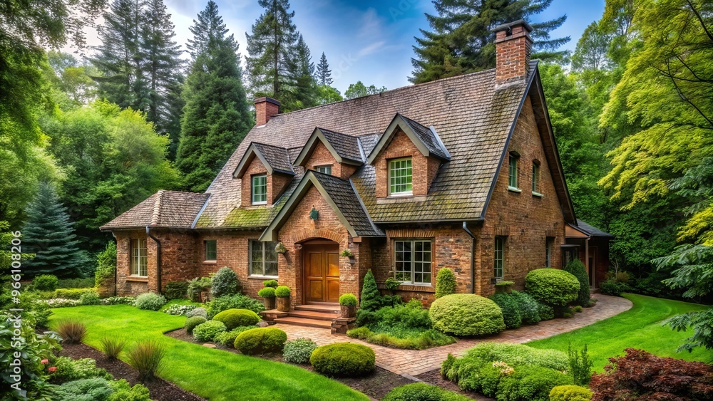A warm and inviting brick house with a steeply pitched roof, covered in lush greenery, sits nestled among A warm and inviting brick house with a steeply pitched roof, covered in lush greenery, sits nestled among