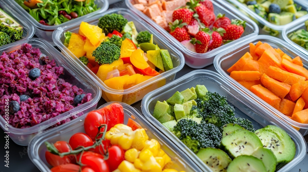 A vibrant assortment of fresh fruits and vegetables in meal prep containers, perfect for healthy eating and nutrition planning. A vibrant assortment of fresh fruits and vegetables in meal prep containers, perfect for healthy eating and nutrition planning.