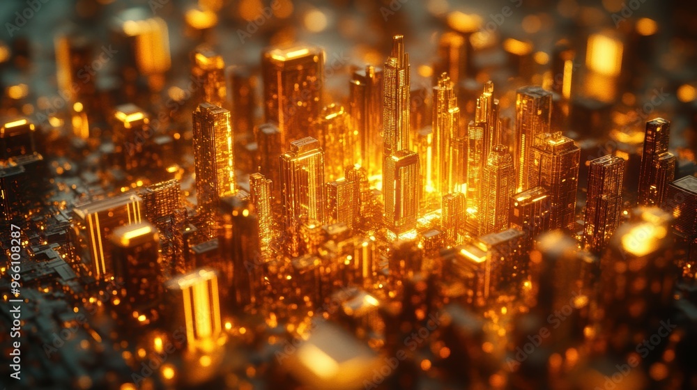 Obraz premium A futuristic city built on a foundation of gold bars, represent savings, financial planning, or the concept of money growing