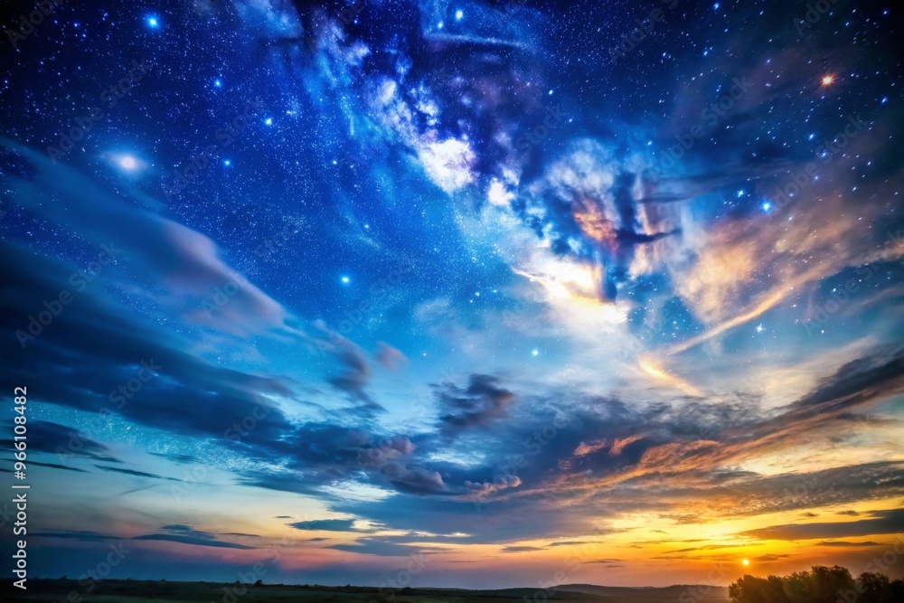 Obraz premium Breathtaking night sky with vivid stars, colorful clouds, and a serene sunset creating a stunning celestial view.