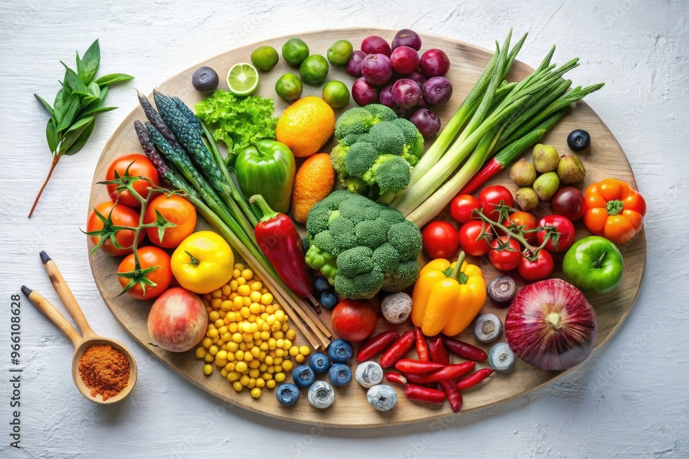 Vibrant fruit and vegetables artfully arranged to resemble a painter's palette, set against a stark white background, with bold brushstrokes of color and texture. Vibrant fruit and vegetables artfully arranged to resemble a painter's palette, set against a stark white background, with bold brushstrokes of color and texture.