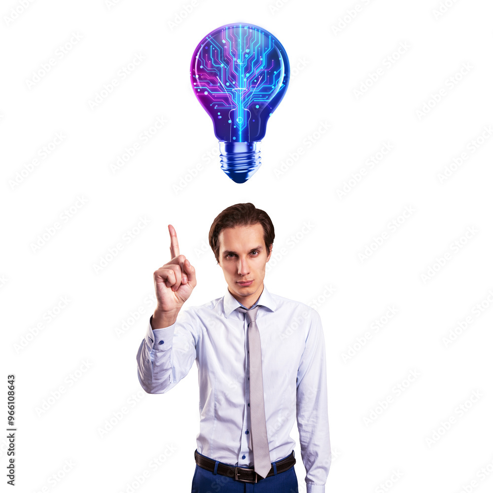 Businessman in formal attire pointing up at a digital brain light bulb above his head, isolated on white background. Concept of innovation and technology Businessman in formal attire pointing up at a digital brain light bulb above his head, isolated on white background. Concept of innovation and technology