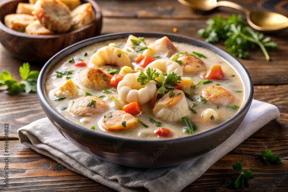 Delicious seafood chowder served in a bowl, garnished with fresh herbs and vegetables, perfect for a comforting meal. Delicious seafood chowder served in a bowl, garnished with fresh herbs and vegetables, perfect for a comforting meal.
