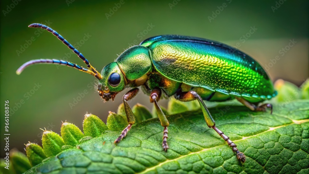 Naklejka premium Vibrant green flea beetle perches on a delicate, intricate leaf edge, showcasing minute details of its metallic body and antennae in stunning, crisp focus.
