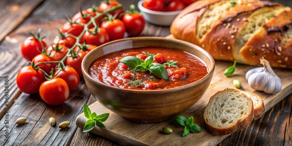 Delicious tomato soup served in a wooden bowl with fresh ingredients and bread on a rustic wooden table. Delicious tomato soup served in a wooden bowl with fresh ingredients and bread on a rustic wooden table.