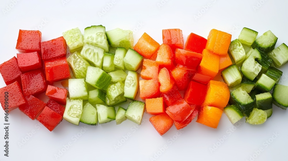 Colorful diced fruits and vegetables arranged artistically on a white background, perfect for healthy food concepts. Colorful diced fruits and vegetables arranged artistically on a white background, perfect for healthy food concepts.
