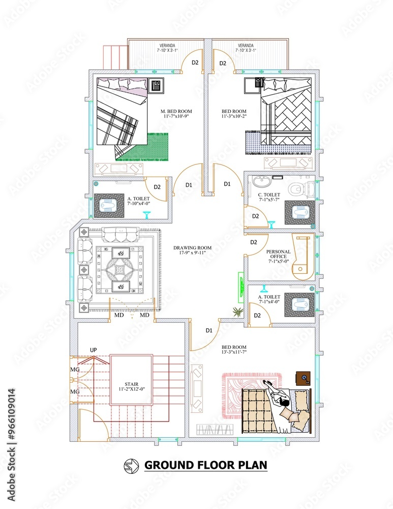 Fototapeta premium Architectural Floor plan Typical Autocad Floor Plan, 2D Drawing, House design