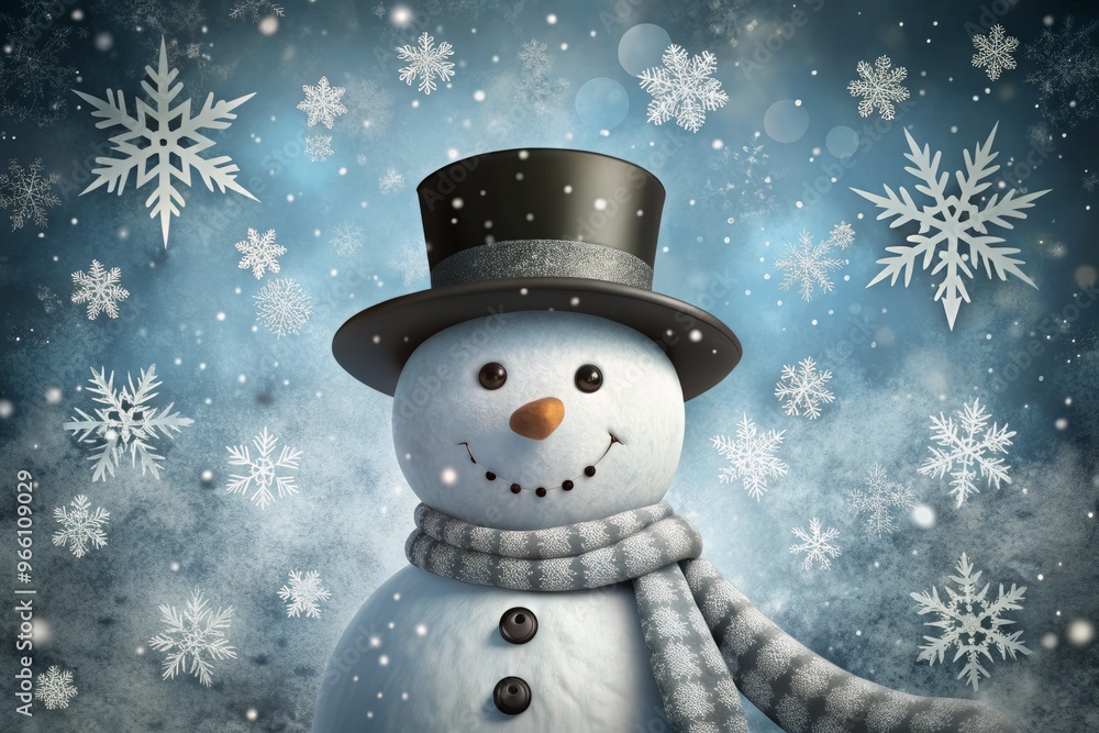 A whimsical black and white illustration of a smiling snowman wearing a top hat and scarf, set against A whimsical black and white illustration of a smiling snowman wearing a top hat and scarf, set against