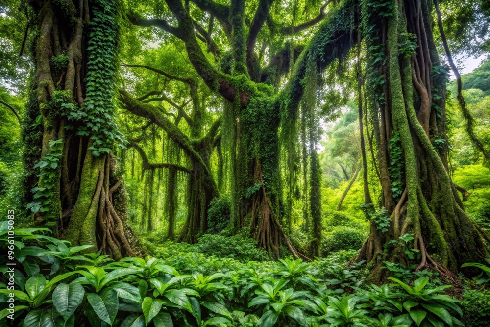 Lush green forest featuring towering trees, vibrant foliage, and dense undergrowth, creating a serene and tranquil atmosphere. Lush green forest featuring towering trees, vibrant foliage, and dense undergrowth, creating a serene and tranquil atmosphere.