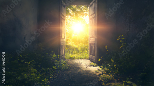Open door leading to a bright, new world, symbolizing a fresh start