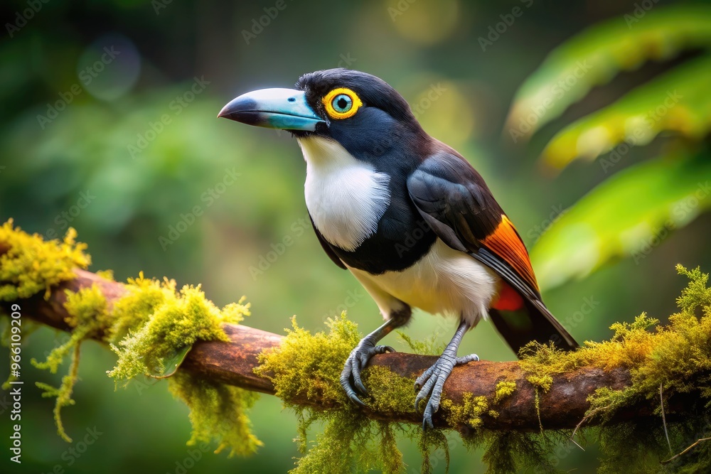 Fototapeta premium Vibrant Guacharo bird, with its striking black and white plumage, perches on a moss-covered branch, its large eyes shining in the dimly lit rainforest atmosphere.