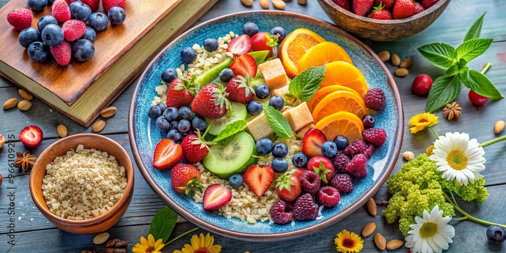 Vibrant fruit and oatmeal bowl with fresh berries, orange slices, and mint, perfect for a healthy breakfast or snack. Vibrant fruit and oatmeal bowl with fresh berries, orange slices, and mint, perfect for a healthy breakfast or snack.