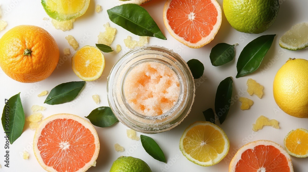A vibrant assortment of citrus fruits surrounding a jar of refreshing scrub, perfect for skincare and wellness imagery. A vibrant assortment of citrus fruits surrounding a jar of refreshing scrub, perfect for skincare and wellness imagery.