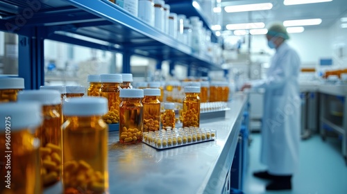 Pharmaceutical production with bottles and lab technician in focus photo