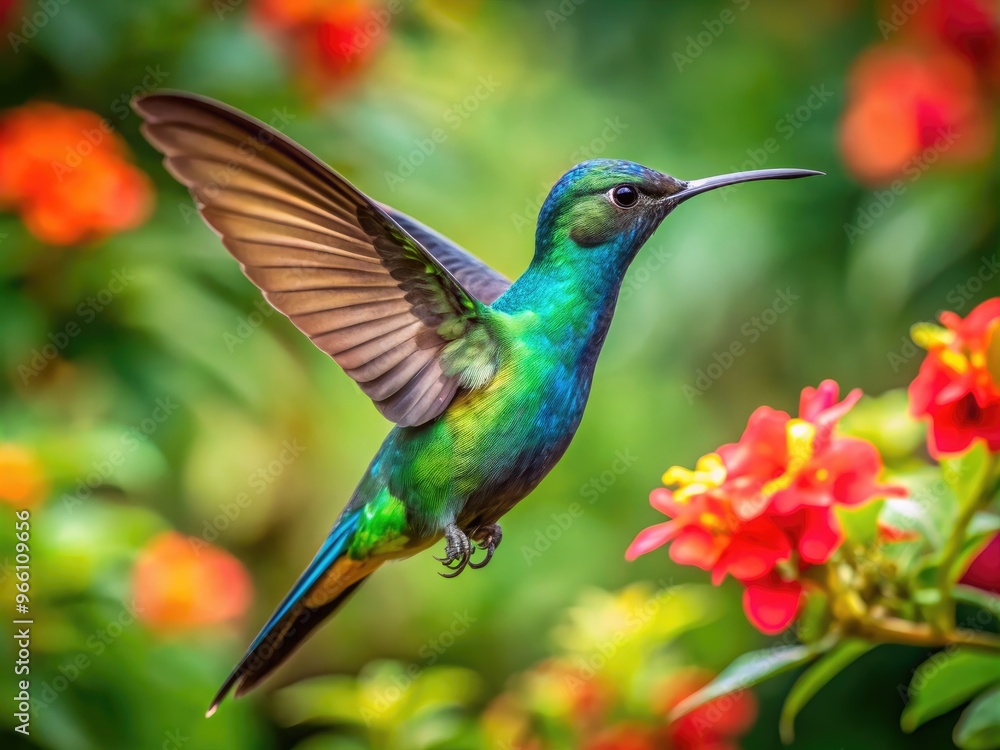 Fototapeta premium Vibrant iridescent feathers glimmer in sunlight as a delicate hummingbird, Colibri, hovers mid-air, its slender wings beating rapidly amidst lush green tropical foliage and flowers.