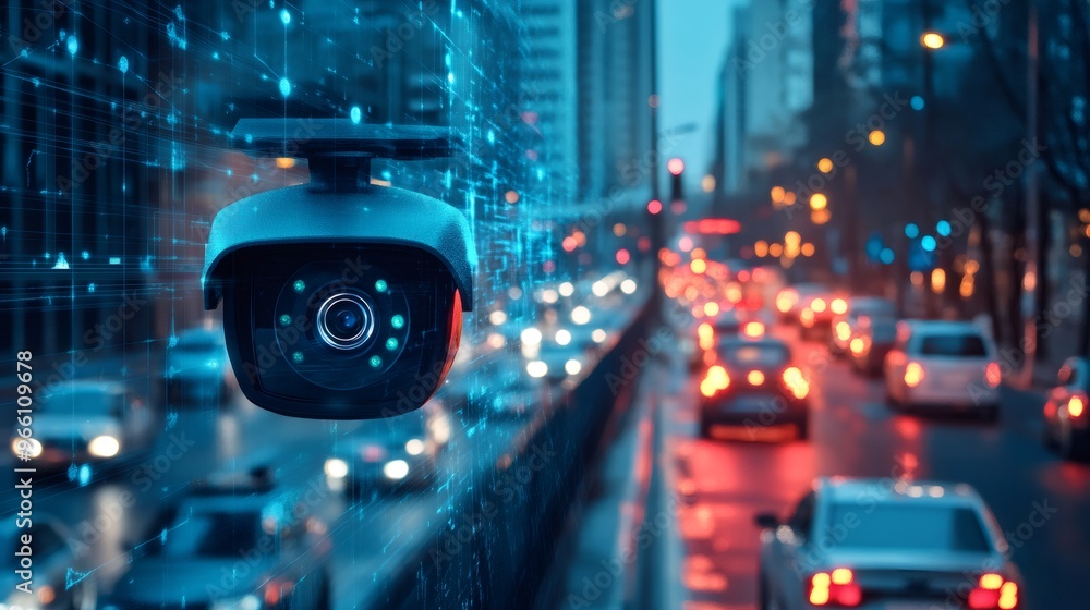 Obraz premium Security camera with digital overlay against a blurry city backdrop at night.