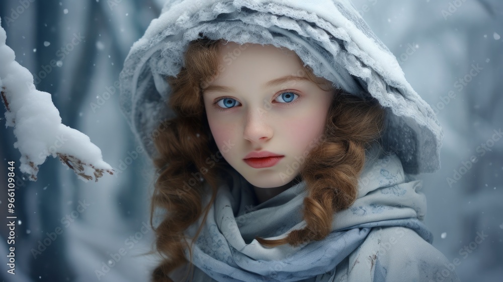 Outdoor close up portrait of young beautiful happy girl in winter. Neural network ai generated art Outdoor close up portrait of young beautiful happy girl in winter. Neural network ai generated art