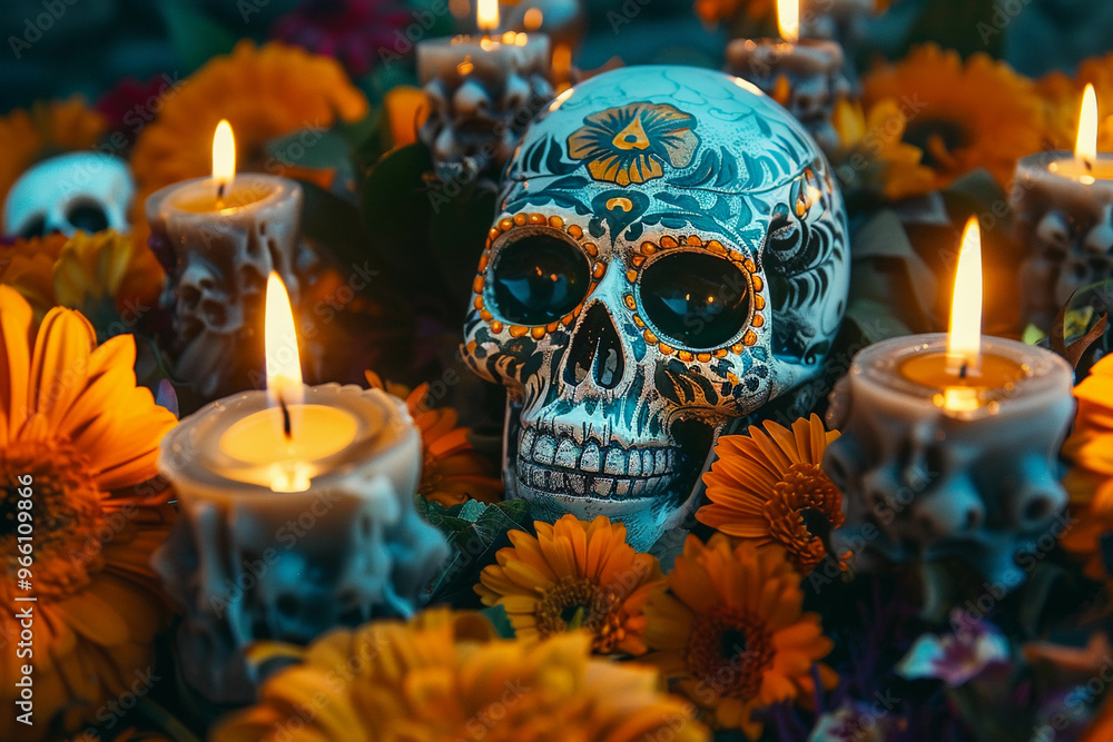 Beautiful greeting card with bright holiday composition for happy to joy celebrate dia de muertos Beautiful greeting card with bright holiday composition for happy to joy celebrate dia de muertos