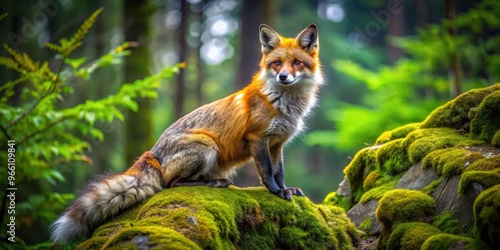 Vibrant marbled fox with unique swirling fur patterns, posing on a moss-covered rock, surrounded by lush green foliage in a serene forest ambiance. photo