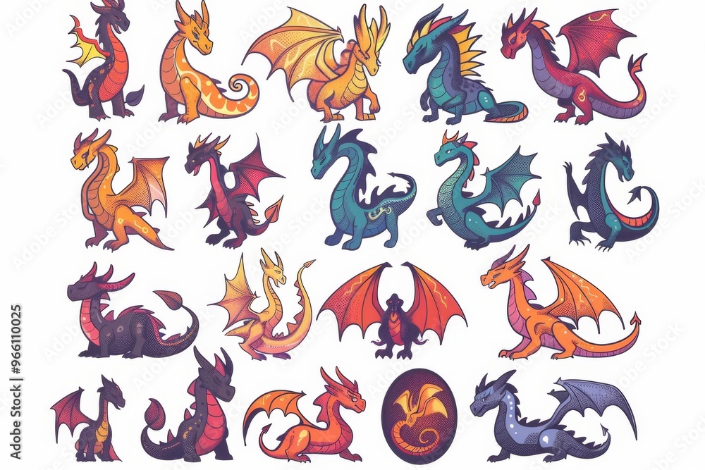 Fototapeta premium Funny dragons doodle set, cartoon dino, graphic dinosaurs isolated, monster animals