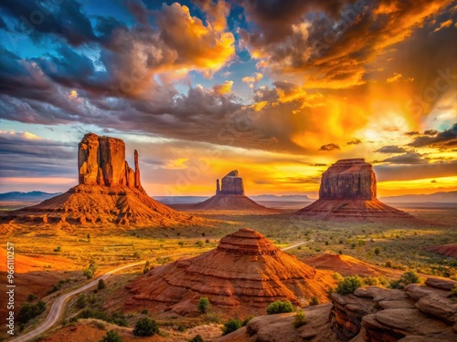 Vibrant orange and yellow hues illuminate the ancient Navajo sandstone formations of Monument Valley at sunset, iconic symbol of Arizona's majestic natural beauty. photo