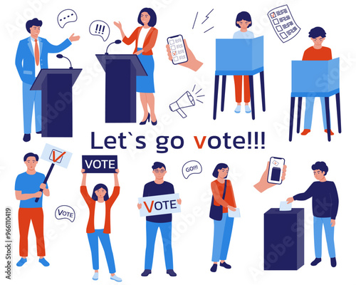 Various voting elements: debates, people protesting, filling out ballots in the voting booth, throwing into the ballot box, voting online.