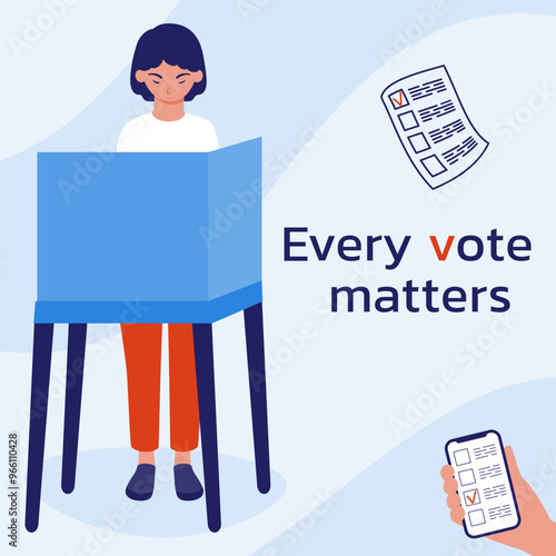 The girl  in the voting booth make their choice. A call to vote. Voting online.