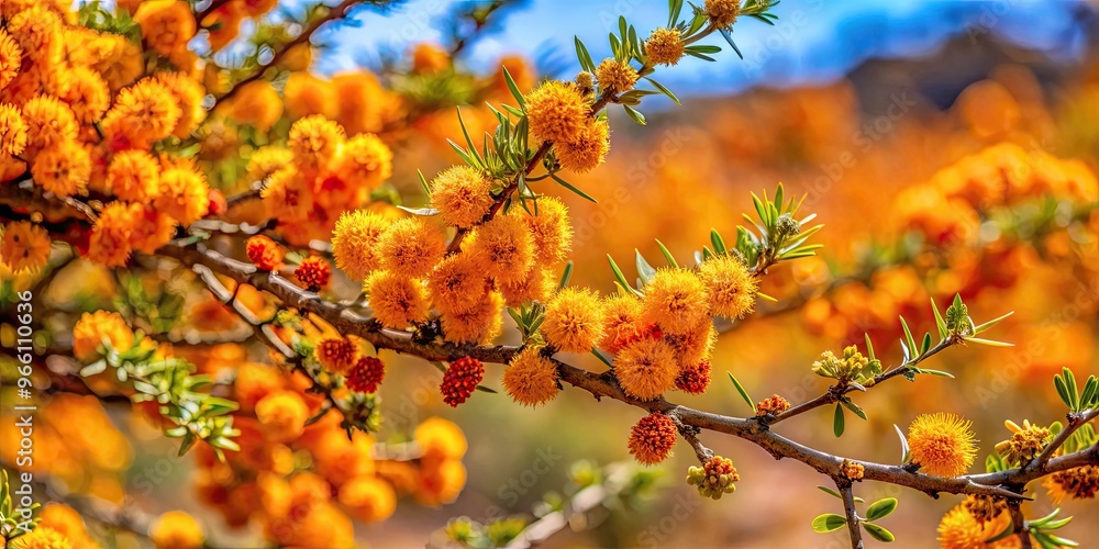 Vibrant orange-yellow flowers of bisnaga, also known as prickly acacia, bloom amidst thorny branches, adding warm pops of color to the arid desert landscape. Vibrant orange-yellow flowers of bisnaga, also known as prickly acacia, bloom amidst thorny branches, adding warm pops of color to the arid desert landscape.